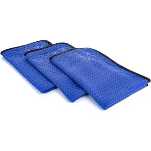 The Rag Company – Dry Me A River – Professional Korean 70/30 Blend, Microfiber Waffle-Weave, Drying & Detailing Towels, Soft Suede Edges, 390gsm, 16in x 24in, Light Blue (3-Pack)(Royal Blue)