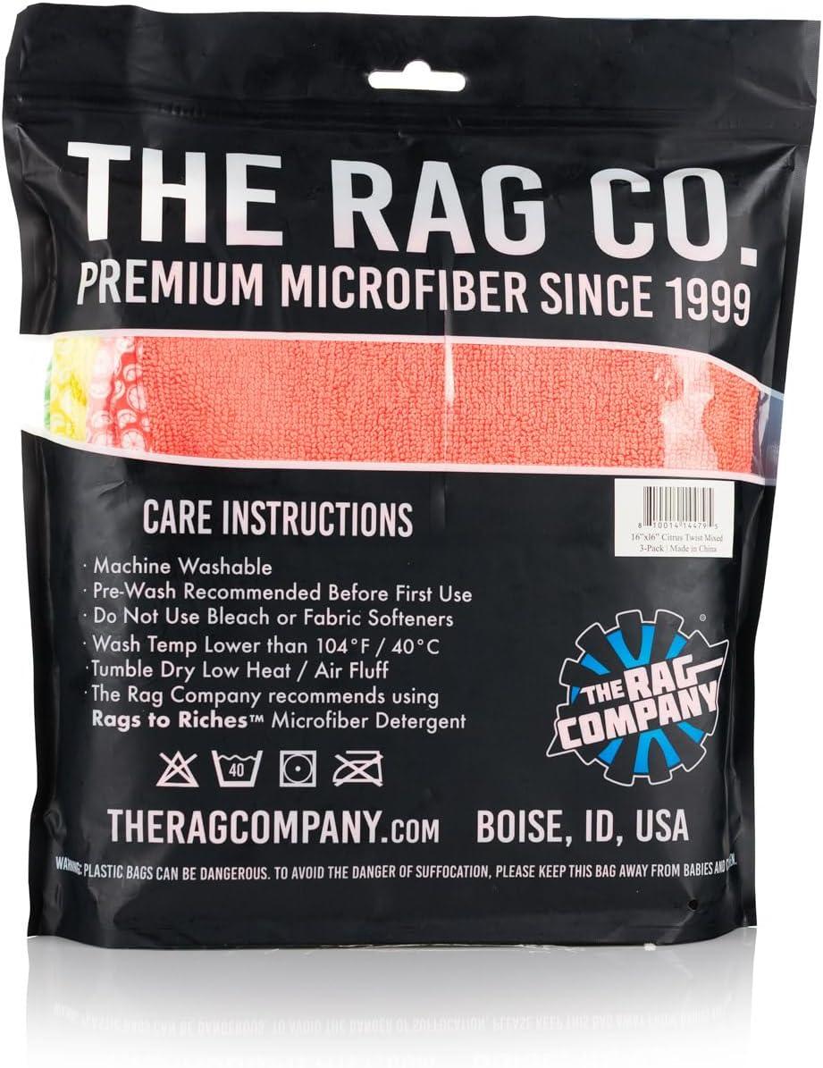 image:imageThe Rag Company Citrus Twist Microfiber Towels for Cars Detailing 3 Pack Premium 7030 Blend Twist Loop Weave Buttersoft Suede Edge Vibrant Citrus Print