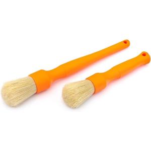 Detail Factory – Boar Hair Detailing Brush Short-Handle + Long-Handle Combo Kit – Comfortable Grip and Heavy-Duty Scrubbing – Orange